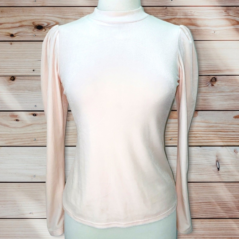 FP3 Rachel Parcell light pink velvet shirt top blouse puff sleeve mock neck XS